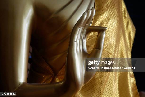 wat inthakin saduemang, chiang mai. detail of a buddha statue. vitarka mudra. thailand. - buddha hands stock-fotos und bilder