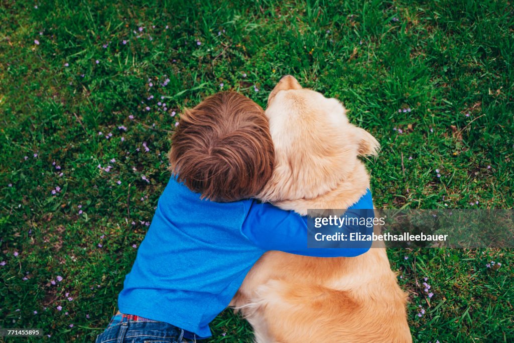Overhead view of a boy hugging his golden retriever dog