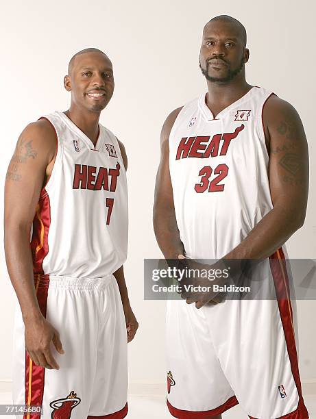 Penny Hardaway and Shaquille O'Neal of the Miami Heat pose for pictures during the 2007 Miami Heat Media Day on October 1, 2007 at American Airlines...