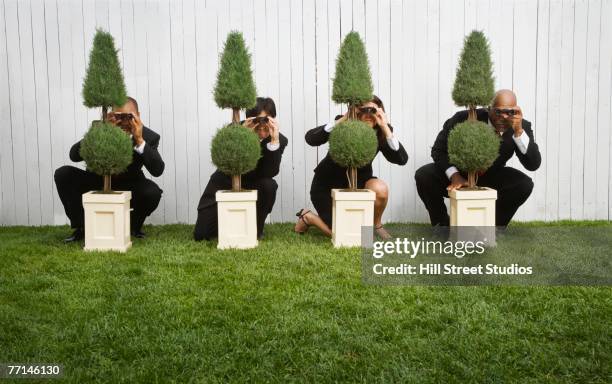 multi-ethnic businesspeople spying from behind bushes - hiding behind bush stock pictures, royalty-free photos & images
