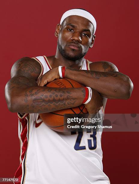 LeBron James of the Cleveland Cavaliers poses during media day on October 1, 2007 at Cleveland Clinic Courts in Independence, Ohio. NOTE TO USER:...