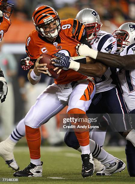 Adalius Thomas of the New England Patriots sacks Carson Palmer of the Cincinnati Bengals during the NFL game on October 1, 2007 at Paul Brown Stadium...