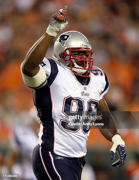 Adalius Thomas of the New England Patriots celebrates a sack against the Cincinnati Bengals during the NFL game on October 1, 2007 at Paul Brown...