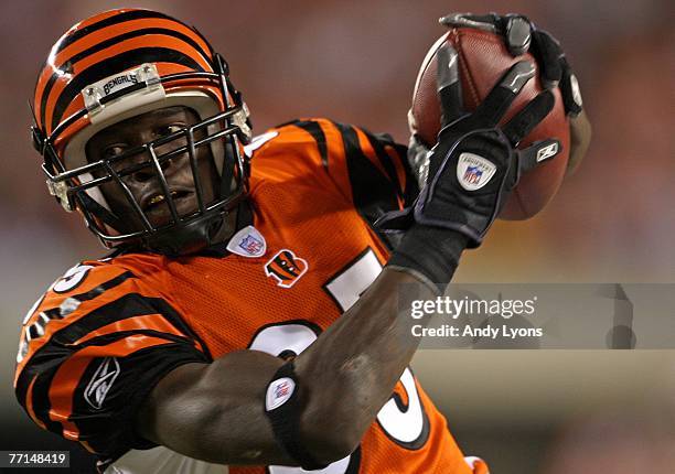Chad Johnson of the Cincinnati Bengals catches a pass during the NFL game against the New England Patriots on October 1, 2007 at Paul Brown Stadium...