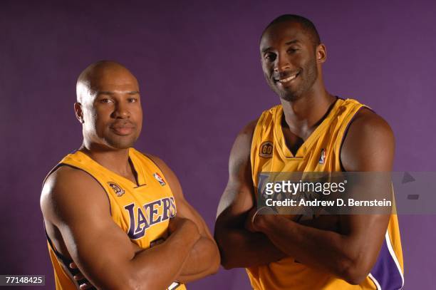 Derek Fisher and Kobe Bryant of the Los Angeles Lakers pose during media day at Toyota Training Center on October 1, 2007 in El Segundo, California....