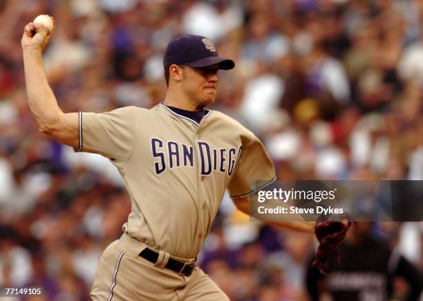 Jake Peavy of the San Diego Padres delivers a pitch in the second inning of the wild card baseball playoff game against the Colorado Rockies on...