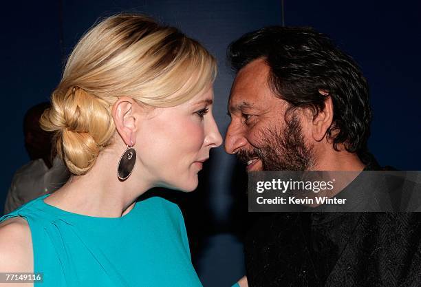 Actress Cate Blanchett and director Shekhar Kapur talk during arrivals at Universal's "Elizabeth: The Golden Age" at Universal City Walk on October...