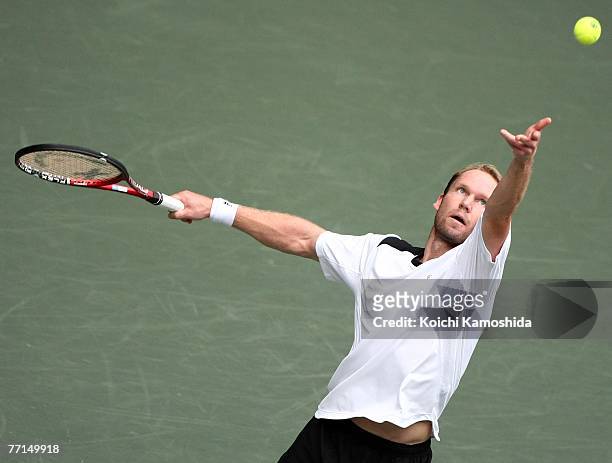 Rainer Schuettler of Germany serves against Go Soeda of Japan during day two of the AIG Japan Open Tennis Championships held at Ariake Colosseum on...