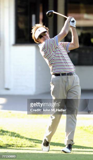 Bruce Jenner tees off on the first hole at the 9th Annual Elizabeth Glaser Pediatric Aids Foundation Celebrity Golf Tournament at Lakeside Golf Club...