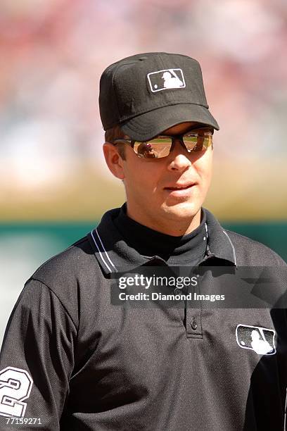 Umpire James Hoye smiles prior to a game between the Cleveland Indians and the Oakland Athletics on Sunday, September 23, 2007 at Jacob's Field in...