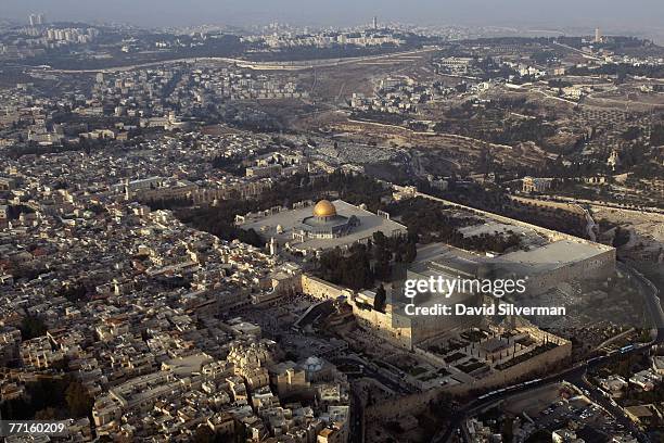 The Temple Mount, known to Muslims as el-Harem al-Sharif with it's golden Dome of the Rock Islamic shrine and lead-domed al-Aqsa mosque, dominates...