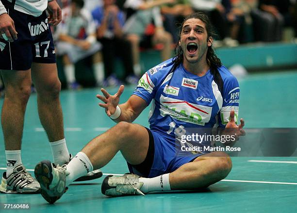 Bertrand Gille of Hamburg reacts during the Handball Bundesliga match between Wilhelmshavener HV and HSV Handball at the Nordfrost Arena on October...