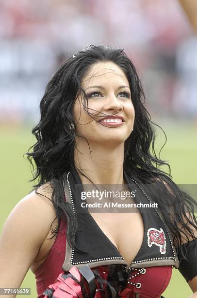 Cheerleader of the Tampa Bay Buccaneers entertains during play against the St. Louis Rams at Raymond James Stadium on September 23, 2007 in Tampa,...