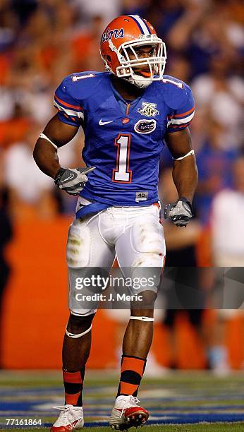 Receiver Percy Harvin of the Florida Gators looks to the bench after a reception during the game against the Auburn Tigers on September 29, 2007 at...