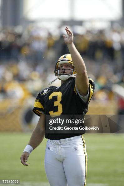 Jeff Reed Kick Kicker Jeff Reed of the Pittsburgh Steelers checks the direction of ...