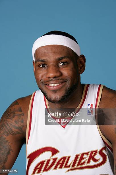 LeBron James of the Cleveland Cavaliers poses for a portrait during NBA Media Day at Cleveland Clinic Courts on October 1, 2007 in Independence,...
