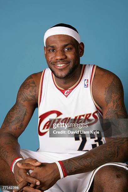 LeBron James of the Cleveland Cavaliers poses for a portrait during NBA Media Day at Cleveland Clinic Courts on October 1, 2007 in Independence,...