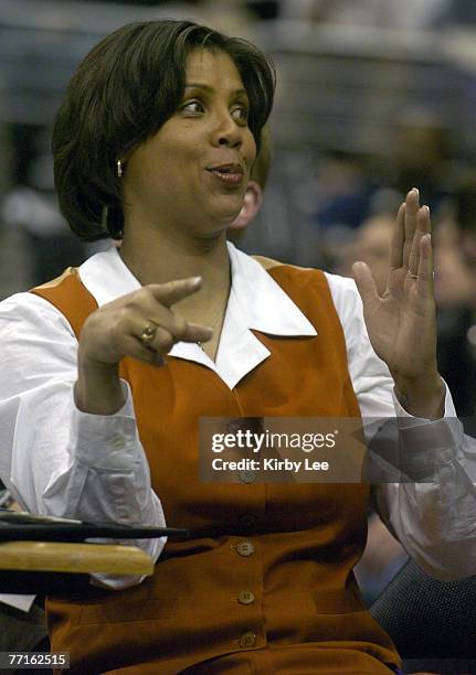 Cheryl Miller watches Los Angeles Lakers game against the Houston Rockets at the Staples Center in Los Angeles, Calif. On April 7, 2005.