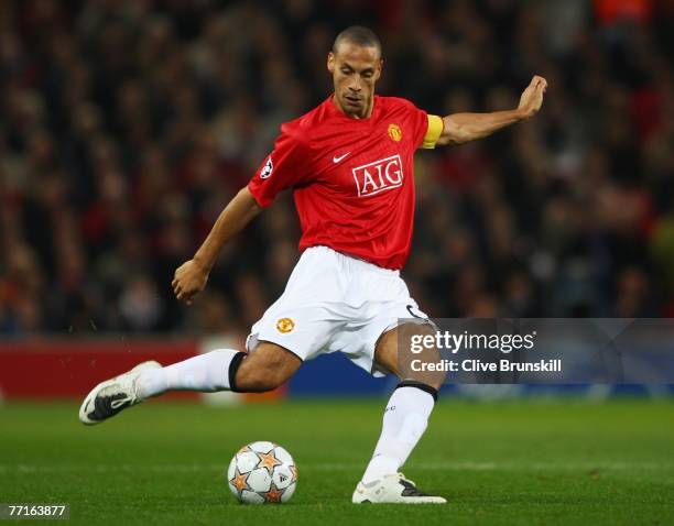 Rio Ferdinand of Manchester United in action during the UEFA Champions League Group F match between Manchester United and AS Roma at Old Trafford on...