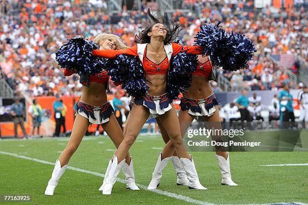 Denver Broncos cheerleaders perform during the game against the Jacksonville Jaguars at Invesco Field at Mile High on September 23, 2007 in Denver,...