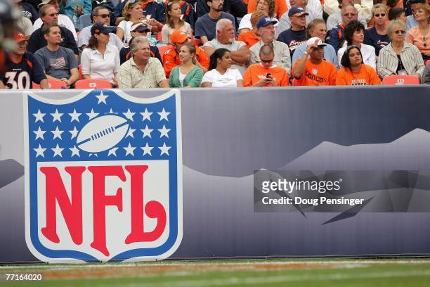 The NFL Logo is shown during the Denver Broncos game against the Jacksonville Jaguars at Invesco Field at Mile High on September 23, 2007 in Denver,...
