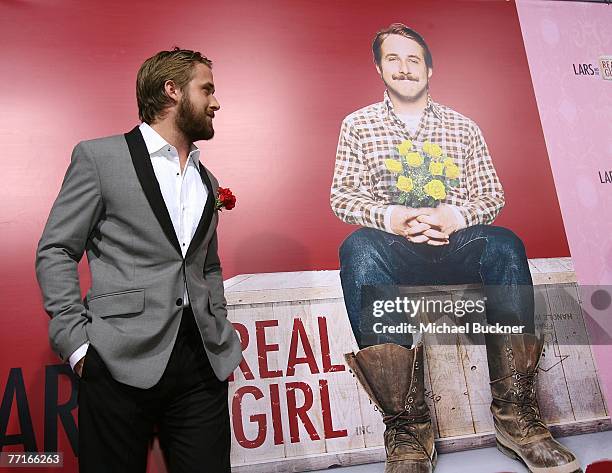 Actor Ryan Gosling arrive at the premiere of MGM's "Lars And The Real Girl" at the Academy of Motion Pictures Arts and Sciences on October 2, 2007 in...