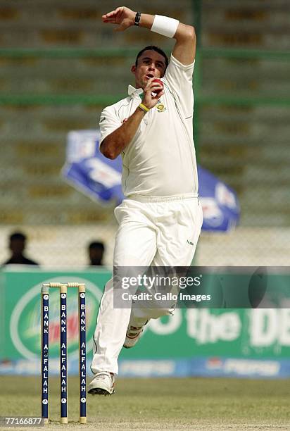 Andre Nel of South Africa in action during day three of the first test match between Pakistan and South Africa at the National Stadium on October 3,...