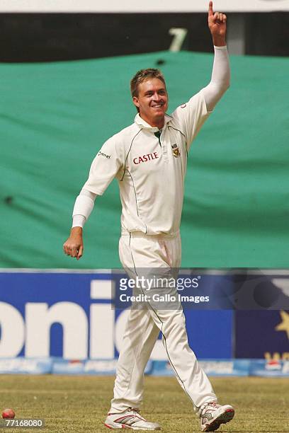 Paul Harris of South Africa celebrates his 5th wicket during day three of the first test match between Pakistan and South Africa at the National...