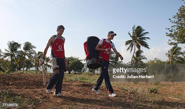 England bowlers James Anderson and Stuart Broad walk from at a nets session at The Rangiri Dambulla International Cricket Stadium on October 3, 2007...