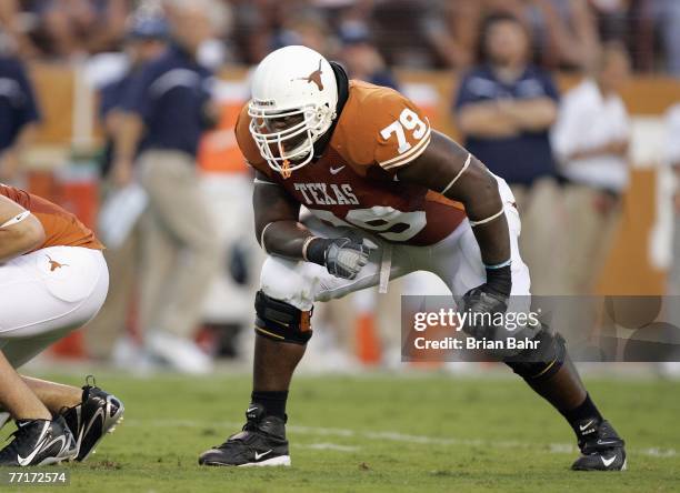 Tony Hills of the Texas Longhorns gets ready on the field during the game against the Rice Owls on September 22, 2007 at Darrell K Royal-Texas...