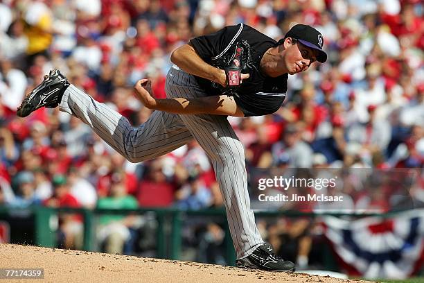 Starting pitcher Jeff Francis of the Colorado Rockies pitches against the Philadelphia Phillies during Game One of the National League Divisional...