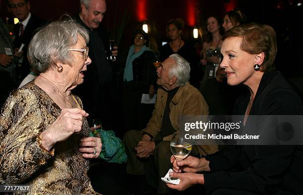 Patricia Hitchcock O'Connell and actress Julie Andrews pose in the Target Red Room during AFI's 40th Anniversary celebration presented by Target held...