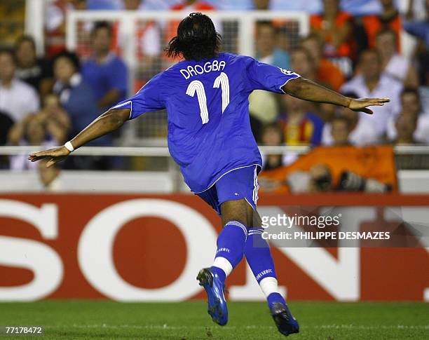 Chelsea's Didier Drogba celebrates after scoring against Valencia during a UEFA Champions League Group B football match at the Mestalla stadium in...