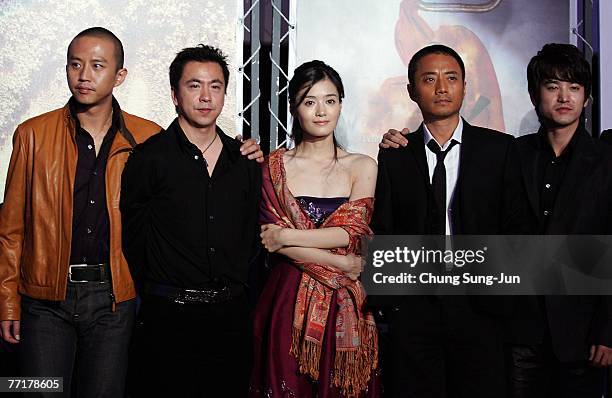 Actor Deng Chao, producer Wang Zhonglei, actress Tang Yan, actor Zhang Hanyu and Yuan Wenkang attend a photocall at the premiere of 'Assembly', the...