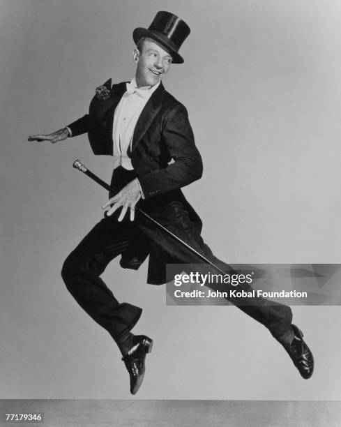 American actor and dancer Fred Astaire , mid leap, circa 1935.