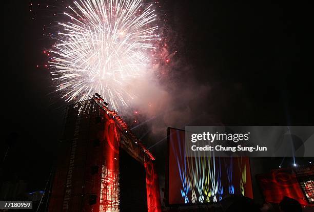 Fireworks at the opening party of the 12th Pusan International Film Festival on October 4, 2007 in Pusan, South Korea. The festival, one of Asia's...