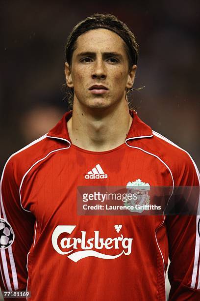 Fernando Torres of Liverpool looks on prior to during the UEFA Champions League Group A match between Liverpool v Marseille at Anfield on October 3,...