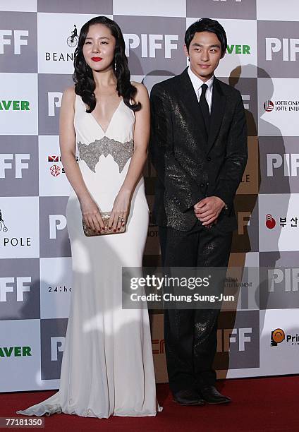Actress Um Ji-Won and Jeon Tae-Soo arrive at the opening ceremony of the 12th Pusan International Film Festival on October 4, 2007 in Pusan, South...