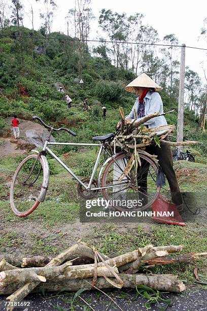 Woman loads wood on her bicycle to carry home after the passage of the tropical storm Lekima in central province of Ha Tinh, 04 October 2007. Typhoon...
