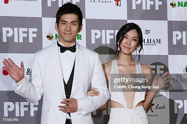 Actor Kwon Mi and, Lee So-Yeon arrive at the opening ceremony of the 12th Pusan International Film Festival on October 4, 2007 in Pusan, South...