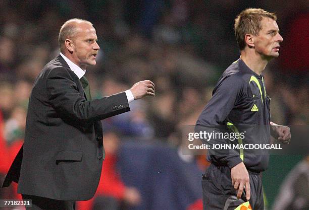 Werder Bremen's coach Thomas Schaaf shouts at the linesman following a decision on a foul during the Werder Bremen vs Olympiacos CFP group C...