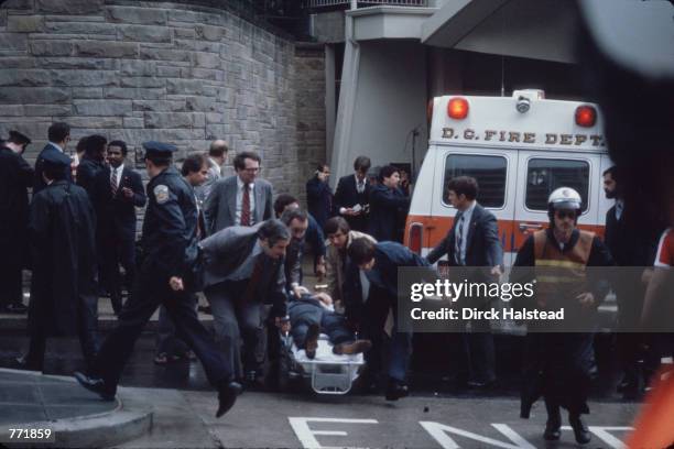 Press Secretary James Brady is placed into an ambulance on March 30, 1981 shortly after John Hinkley's attempt to assassinate President Reagan...