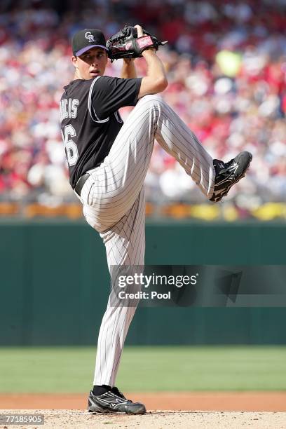 Starting pitcher Jeff Francis of the Colorado Rockies pitches against the Philadelphia Phillies during Game One of the National League Divisional...