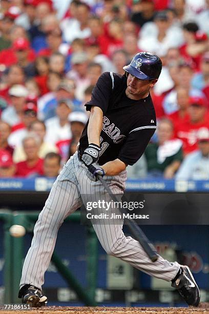 Brad Hawpe of the Colorado Rockies bats against the Philadelphia Phillies during Game One of the National League Divisional Series at Citizens Bank...