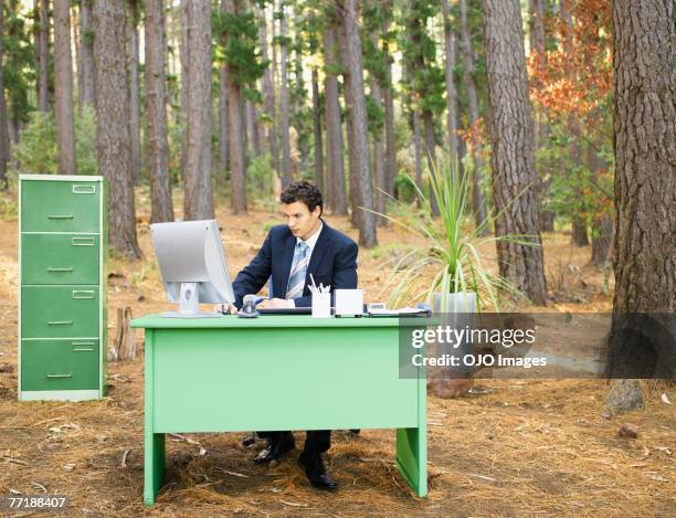 a businessman at his desk in the woods - bizarre office stock pictures, royalty-free photos & images