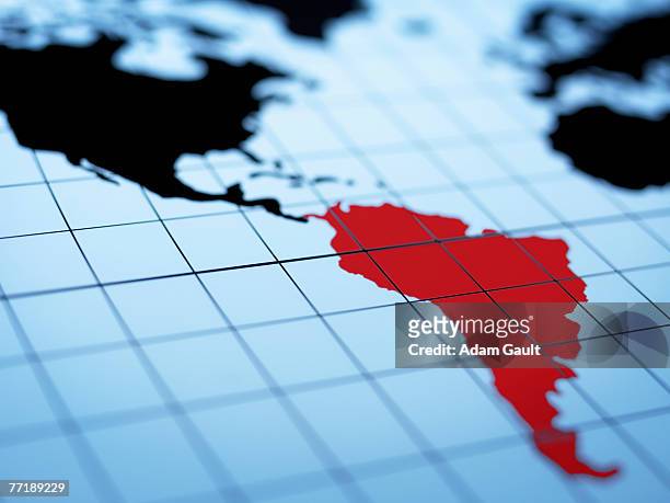 map of western hemisphere highlighting south america - lateinamerika stock-fotos und bilder