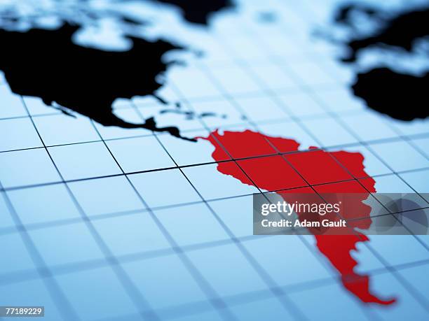 map of western hemisphere highlighting south america - américa latina imagens e fotografias de stock