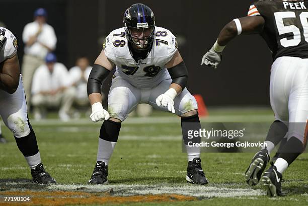 Offensive tackle Adam Terry of the Baltimore Ravens blocks against the Cleveland Browns at Cleveland Browns Stadium on September 30, 2007 in...