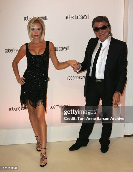 Victoria Beckham and Roberto Cavalli attend the cocktail party to ...