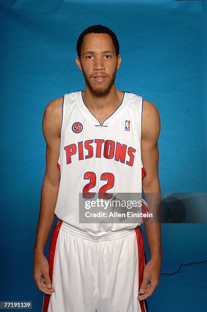 Tayshaun Prince of the Detroit Pistons poses for a portrait during NBA Media Day at the Pistons Practice Facility on October 1, 2007 in Auburn Hills,...